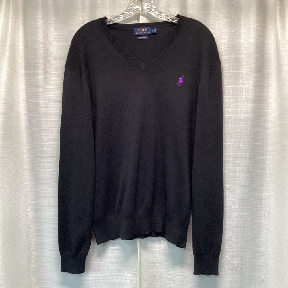 Polo Ralph Lauren Mens V-Neck Sweater Black Pima Cotton Purple Pony Logo M